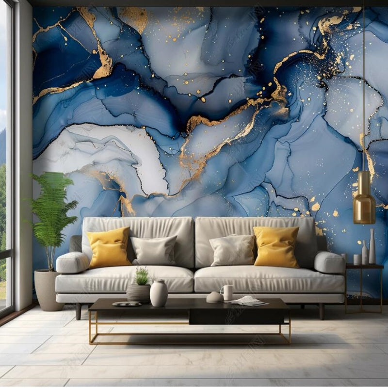 Abstract Royal Blue Golden and White Marble Painting Wallpaper Wall Mural Wall Covering