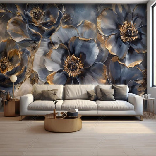 Abstract Blue Flowers Floral Wallpaper Wall Mural Wall Covering