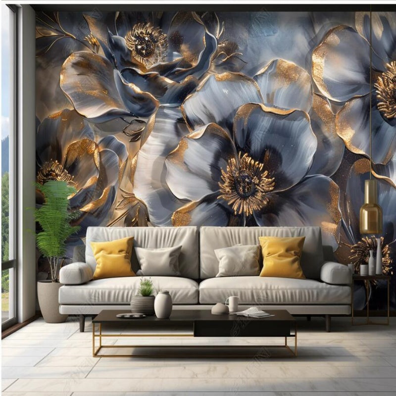 Abstract Blue Flowers Floral Wallpaper Wall Mural Wall Covering