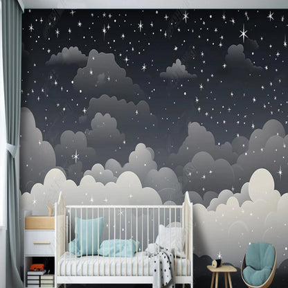 Cartoon Grey Background Clouds Nursery Wallpaper Wall Mural Home Decor