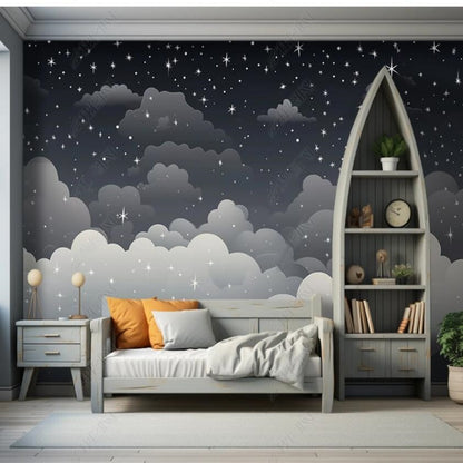 Cartoon Grey Background Clouds Nursery Wallpaper Wall Mural Home Decor