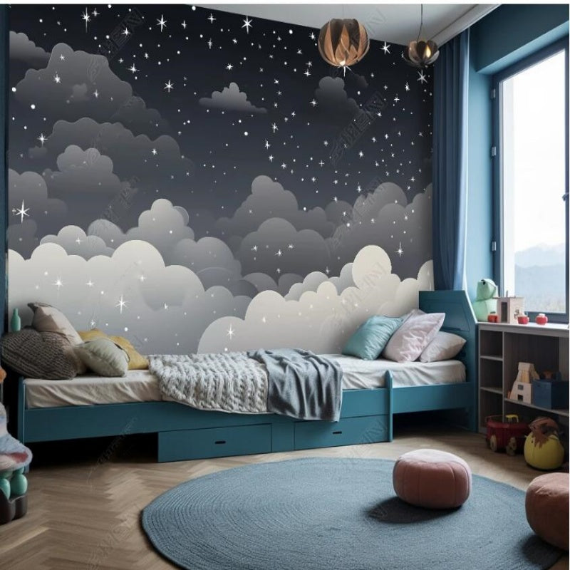 Cartoon Grey Background Clouds Nursery Wallpaper Wall Mural Home Decor