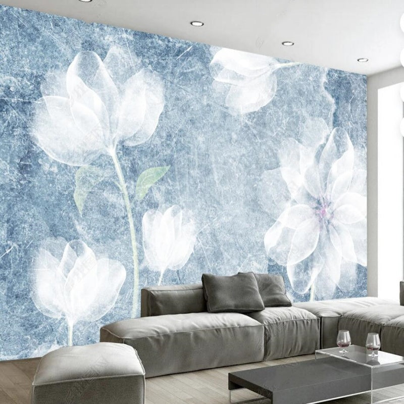 Mint Blue Background White Flowers Floral Wallpaper Wall Mural Home Decor