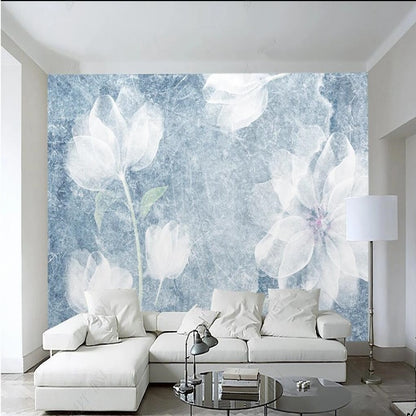 Mint Blue Background White Flowers Floral Wallpaper Wall Mural Home Decor