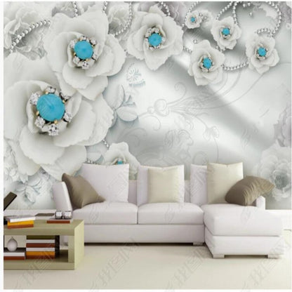 3D Jewelry Blue Flowers Wallpaper Wall Mural Home Decor