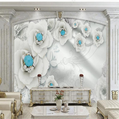 3D Jewelry Blue Flowers Wallpaper Wall Mural Home Decor