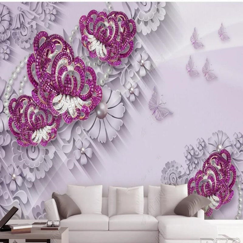 3D Jewelry Hot Pink Fuchsia Flowers Wallpaper Wall Mural Home Decor