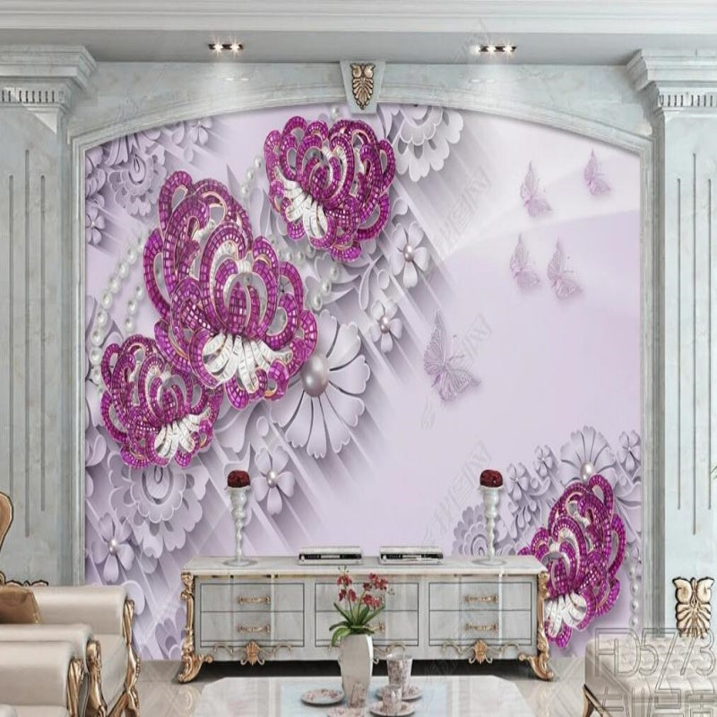 3D Jewelry Hot Pink Fuchsia Flowers Wallpaper Wall Mural Home Decor