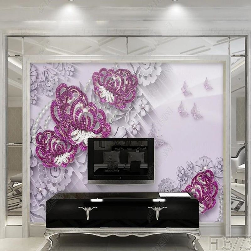 3D Jewelry Hot Pink Fuchsia Flowers Wallpaper Wall Mural Home Decor