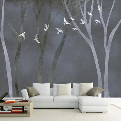 Abstract Trees Forest with FLying Birds Wallpaper Wall Mural Home Decor