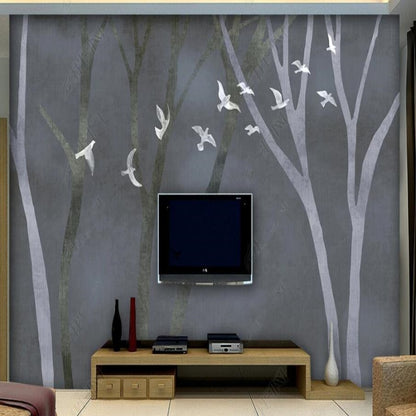 Abstract Trees Forest with FLying Birds Wallpaper Wall Mural Home Decor