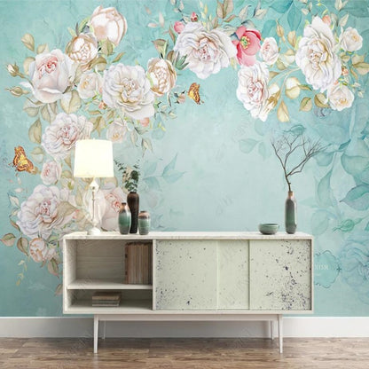 Mint Green Background White Flowers Floral Wallpaper Wall Mural Home Decor