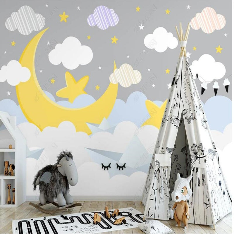 Cartoon Clouds and Moon Kids' Babies' Children's Nursery Wallpaper Wall Mural Home Decor