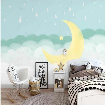 Cartoon Blue Clouds and Moon Kids' Babies' Children's Nursery Wallpaper Wall Mural Home Decor