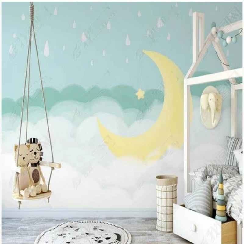 Cartoon Blue Clouds and Moon Kids' Babies' Children's Nursery Wallpaper Wall Mural Home Decor