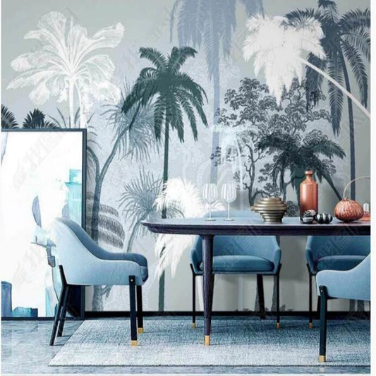 Abstract Blue and White Palm Trees Forest Landscape Wallpaper Wall Mural Home Decor