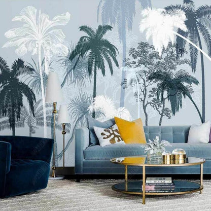 Abstract Blue and White Palm Trees Forest Landscape Wallpaper Wall Mural Home Decor