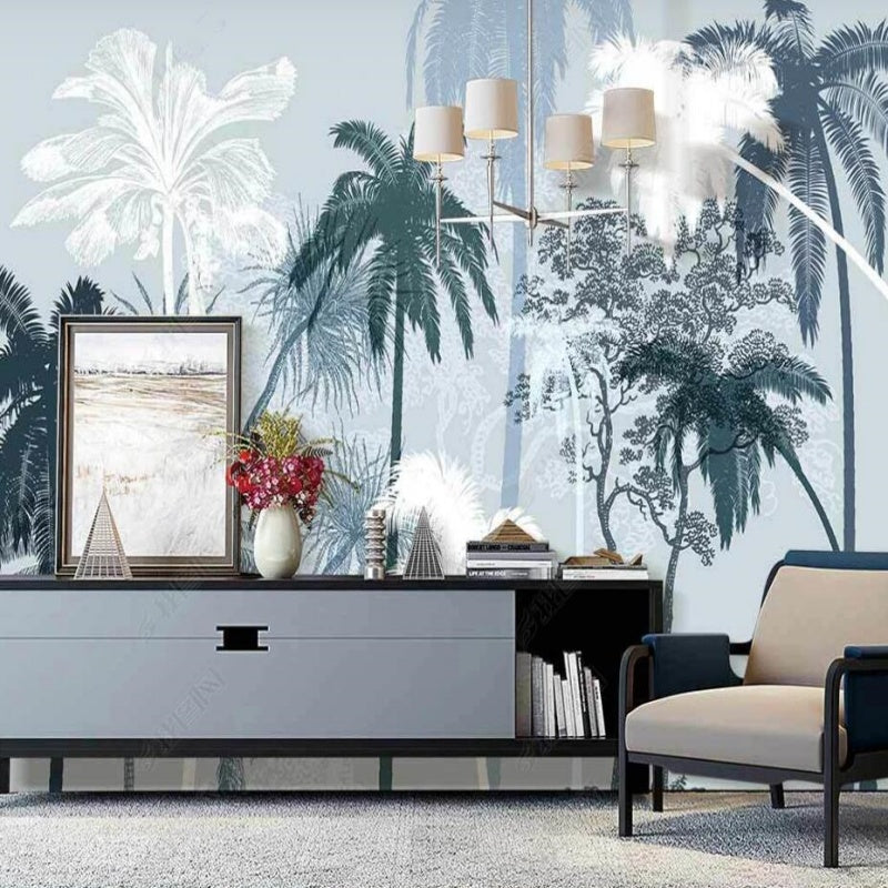 Abstract Blue and White Palm Trees Forest Landscape Wallpaper Wall Mural Home Decor