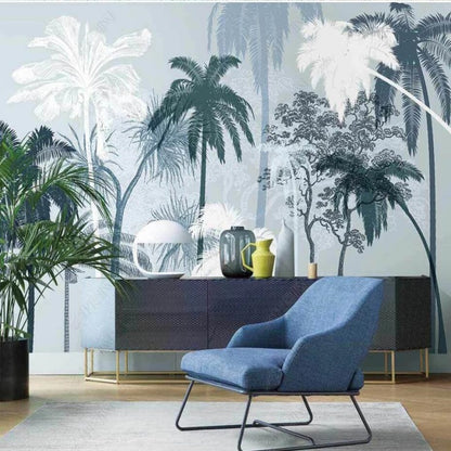 Abstract Blue and White Palm Trees Forest Landscape Wallpaper Wall Mural Home Decor