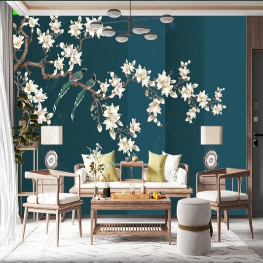 Chinoiserie Brushwork Hanging Magnolia Trees with Birds Wallpaper Wall Mural Home Decor