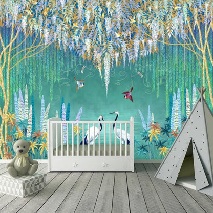 Blue Background Trees with Birds Wallpaper Wall Mural Home Decor