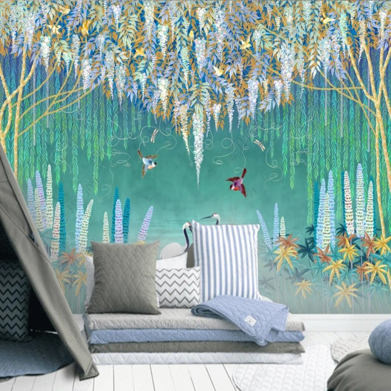 Blue Background Trees with Birds Wallpaper Wall Mural Home Decor