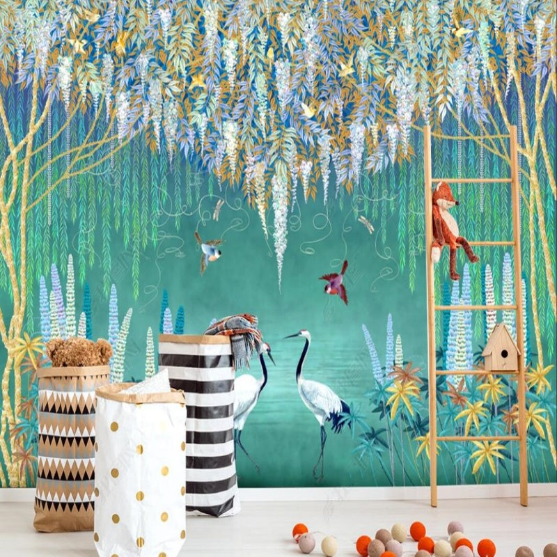 Blue Background Trees with Birds Wallpaper Wall Mural Home Decor