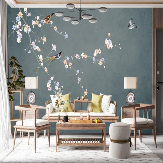 Chinoiserie Brushwork Hanging Flowers Trees with Birds Wallpaper Wall Mural Home Decor