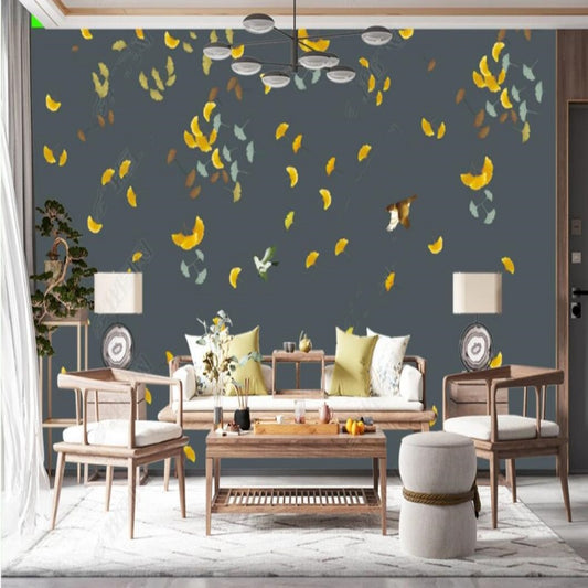 Chinoiserie Brushwork Ginkgo Leaves Birds Wallpaper Wall Mural Home Decor