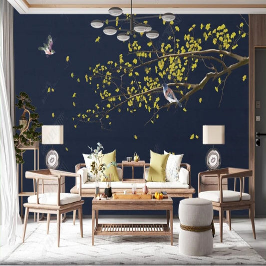 Chinoiserie Brushwork Gingko Leaves with Birds Wallpaper Wall Mural Home Decor