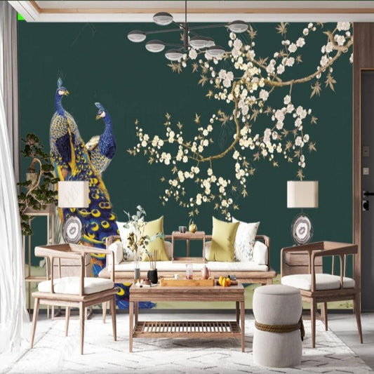 Chinoiserie Brushwork Hanging Cherry Blossom Tree with Two Peacocks Wallpaper Wall Mural Home Decor