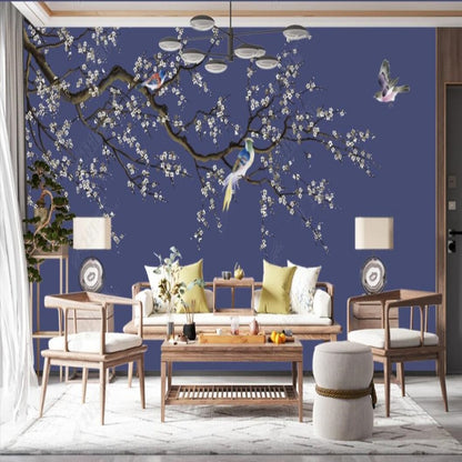 Chinoiserie Brushwork Hanging Cherry Blossom Tree with Birds Wallpaper Wall Mural Home Decor