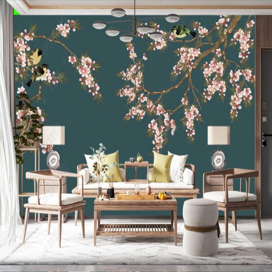 Chinoiserie Brushwork Hanging Cherry Blossom Tree with Birds Wallpaper Wall Mural Home Decor