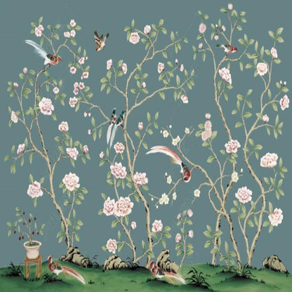 Chinoiserie Brushwork Vine Peony Flowers with Birds Wallpaper Wall Mural Home Decor