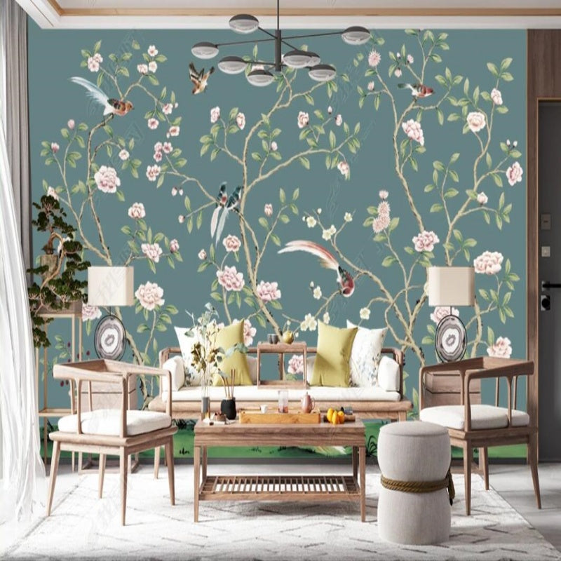 Chinoiserie Brushwork Vine Peony Flowers with Birds Wallpaper Wall Mural Home Decor