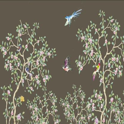 Chinoiserie Brushwork Vine Pink Flowers with Birds Wallpaper Wall Mural Home Decor