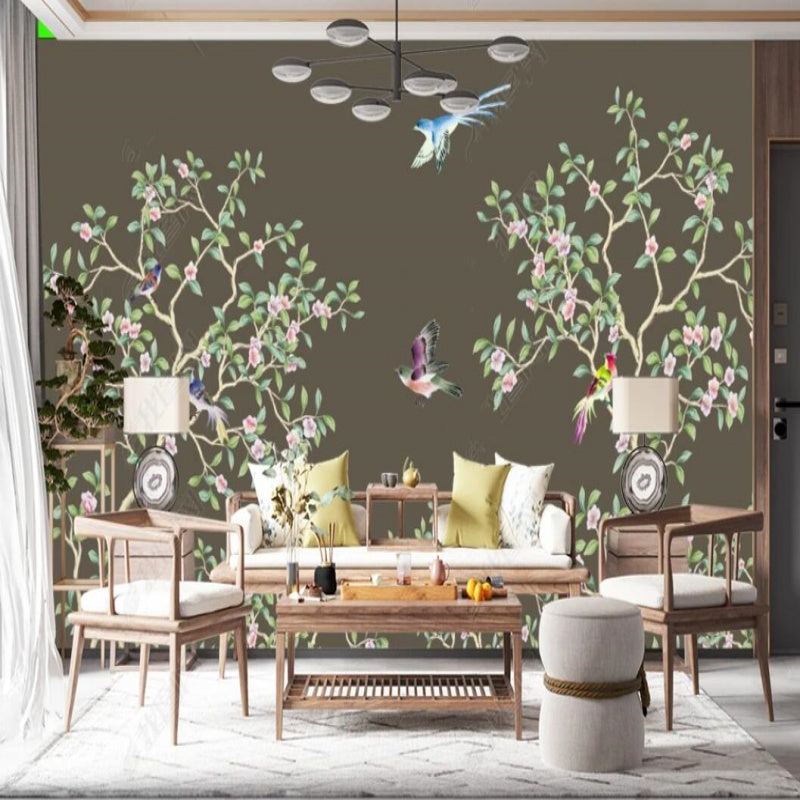 Chinoiserie Brushwork Vine Pink Flowers with Birds Wallpaper Wall Mural Home Decor