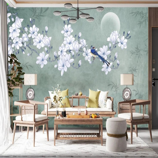 Chinoiserie Brushwork Hanging Magnolia with Birds Wallpaper Wall Mural Home Decor