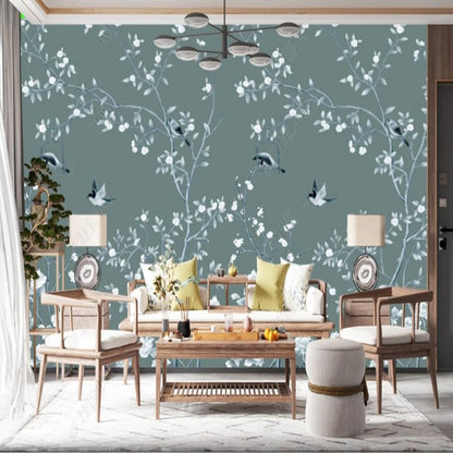 Chinoiserie Brushwork Vine Flowers with Birds Wallpaper Wall Mural Home Decor