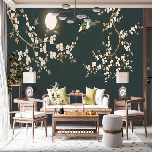 Chinoiserie Brushwork Hanging Cherry Blossom Flowers with Birds Wallpaper Wall Mural Home Decor