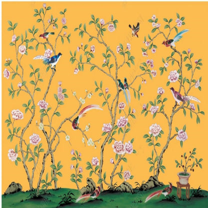 Chinoiserie Brushwork Yellow Background Vine Flowers with Birds Wallpaper Wall Mural Home Decor