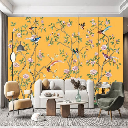 Chinoiserie Brushwork Yellow Background Vine Flowers with Birds Wallpaper Wall Mural Home Decor