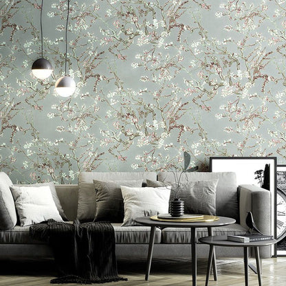 Chinoiserie Brushwork Orange Flowers Tree Wallpaper Wall Mural Home Decor