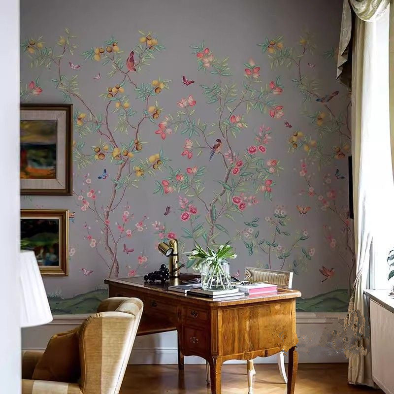 Chinoiserie Flowers Trees Plants Wallpaper Wall Mural Home Decor