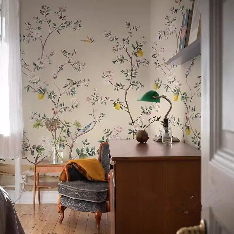 Chinoiserie Flowers Trees Lemon Wallpaper Wall Mural Home Decor