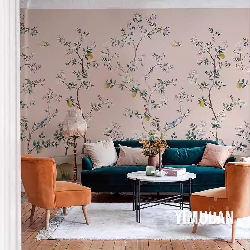 Chinoiserie Flowers Trees Lemon Wallpaper Wall Mural Home Decor