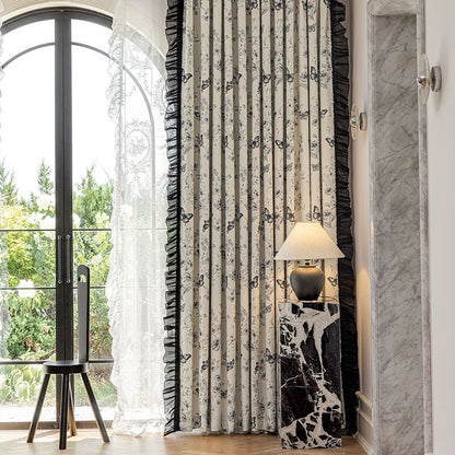 One Panel Retro Print Curtains, French Gray Flowers Butterflies Curtain for Living Room Bedroom Balcony