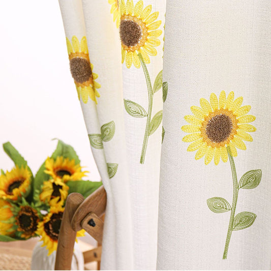 One Panel Sunflowers Linen Sheer Curtains, White Sheer Curtain for Living Room Bedroom Balcony