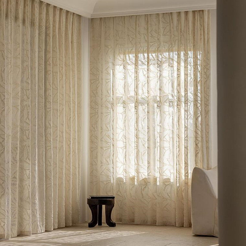 One Panel Embossed Palm Leaves Curtains, Cream Color Sheer Curtain for Living Room Bedroom Balcony