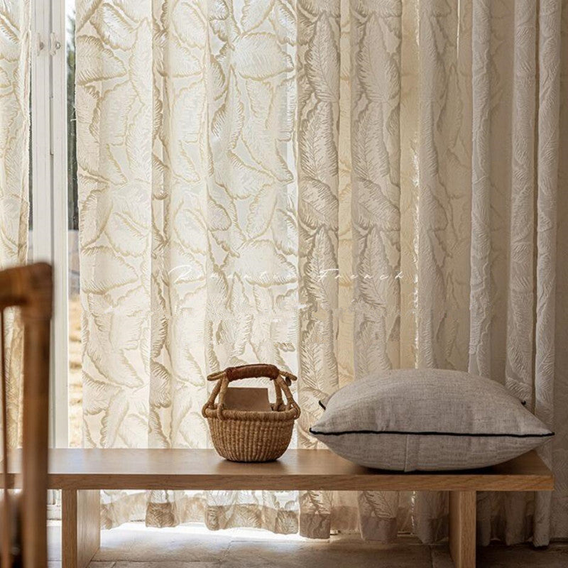 One Panel Embossed Palm Leaves Curtains, Cream Color Sheer Curtain for Living Room Bedroom Balcony